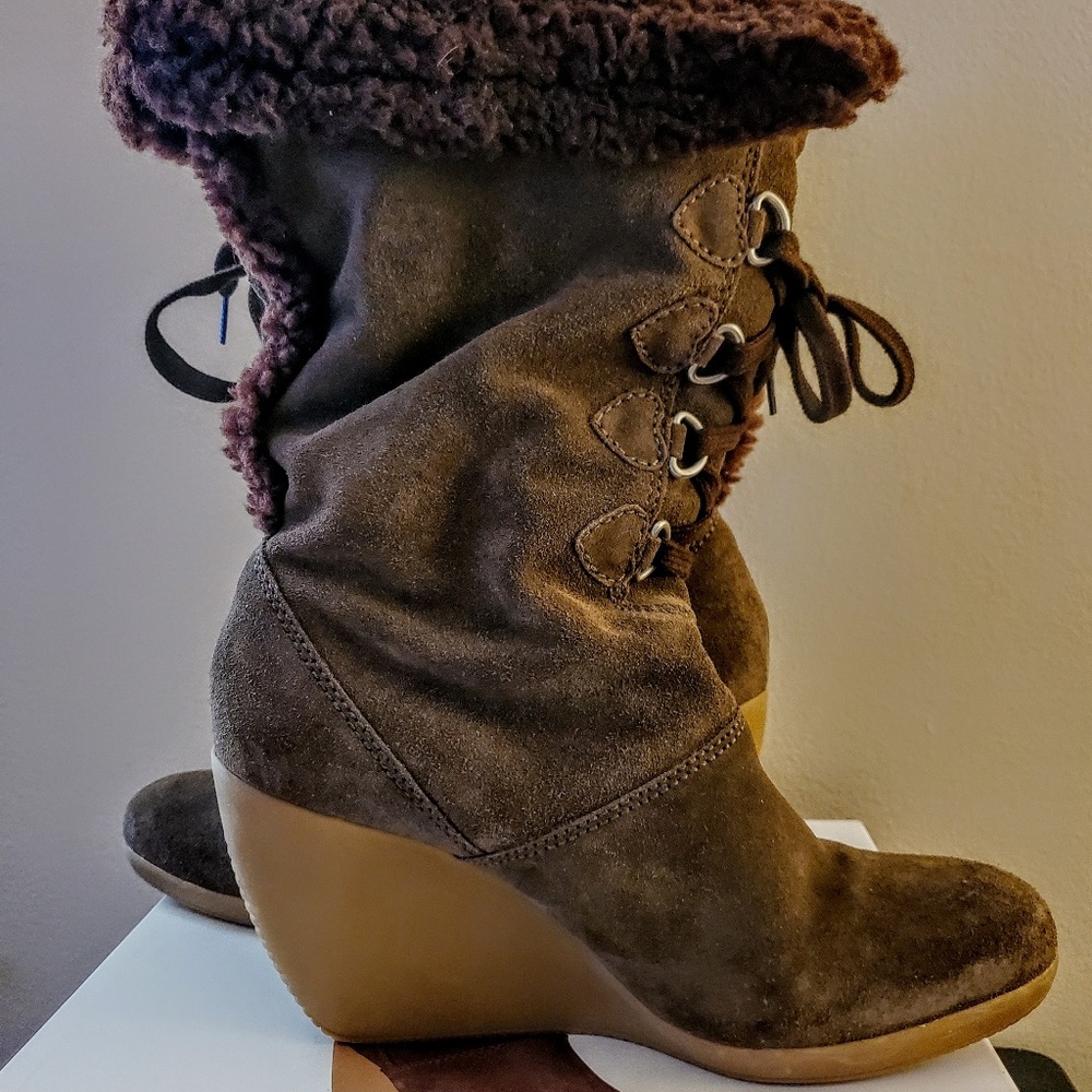Faux Suede Shearling Boot/Wedge